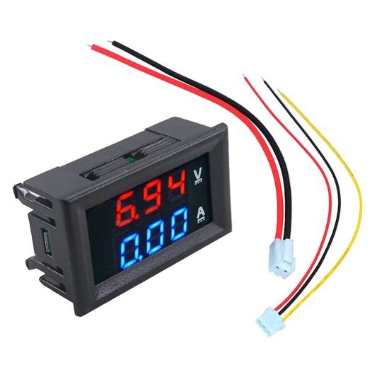 A digital multimeter voltage and current meter with a black faceplate, red and blue LED displays, and attached red, black, white, and yellow wires with light blue connectors, shown on a white background.